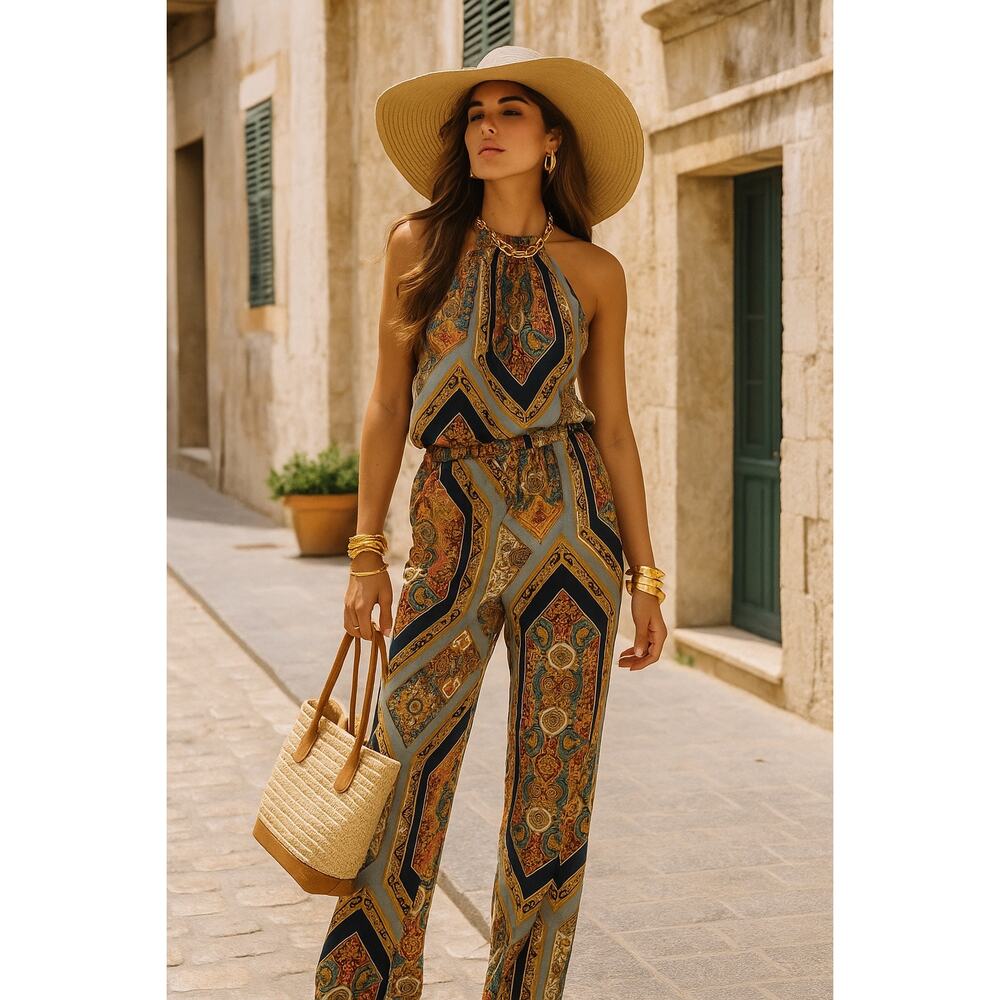 Lavender Brown Satin Baroque Vacation Set Halter Blouse Pants Small Outfit
